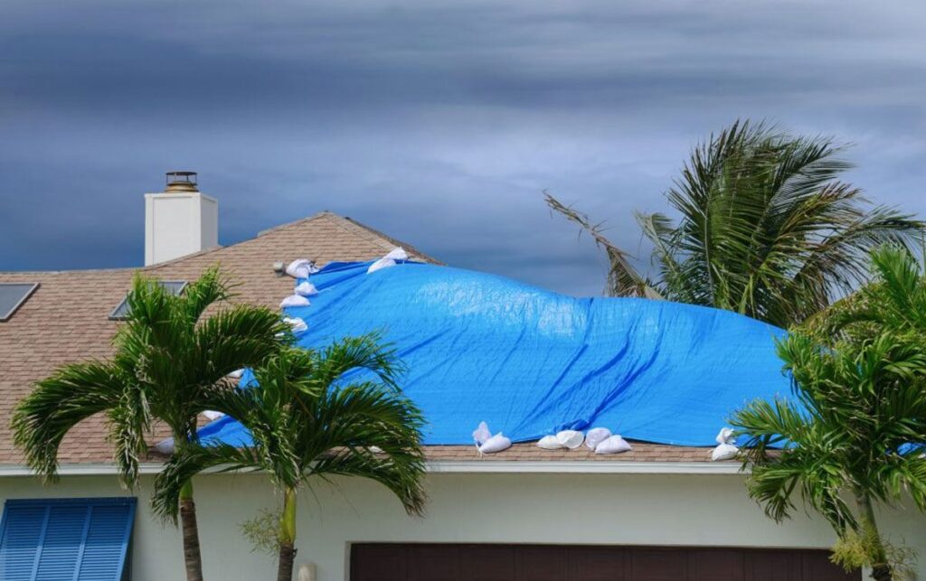 Tarp protecting a storm-damaged residential roof in Hollywood FL