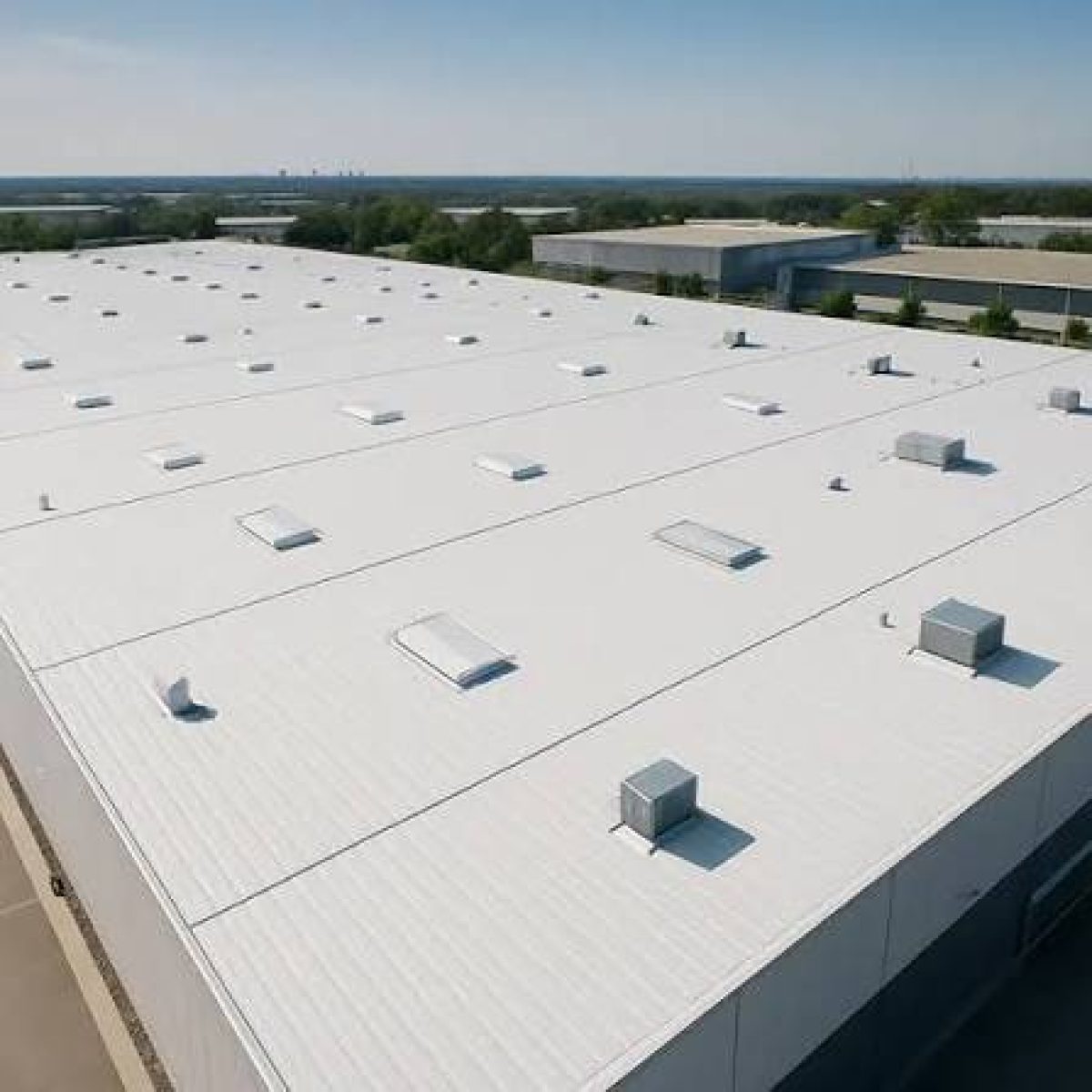 White flat commercial roofing system with rooftop penetrations