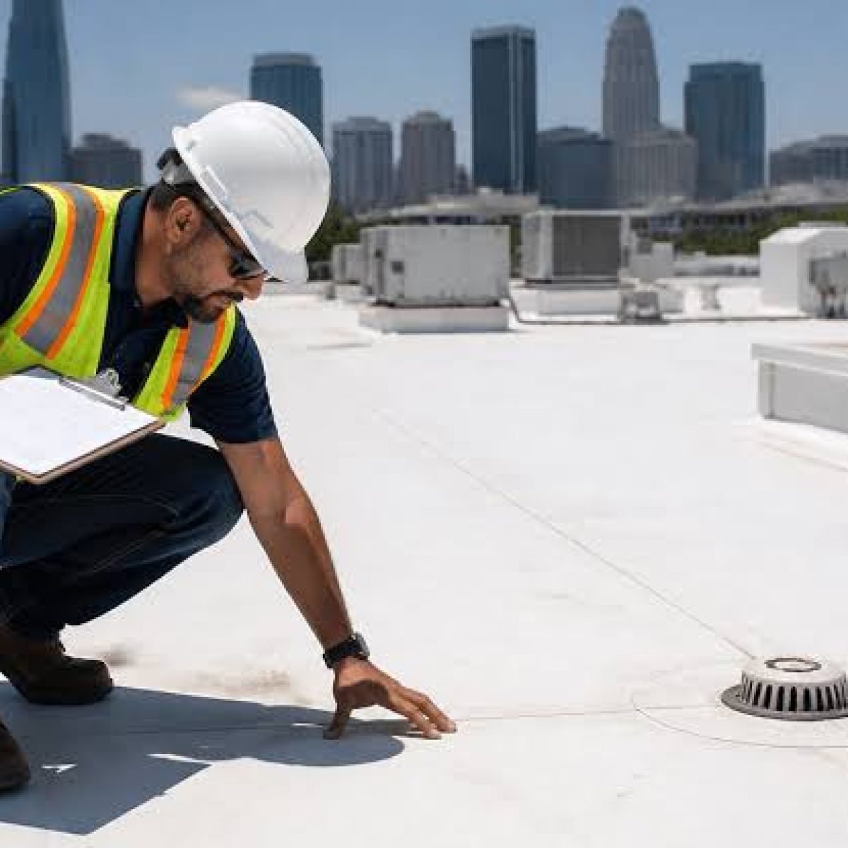 Roofing professional performing preventative maintenance on a commercial roof